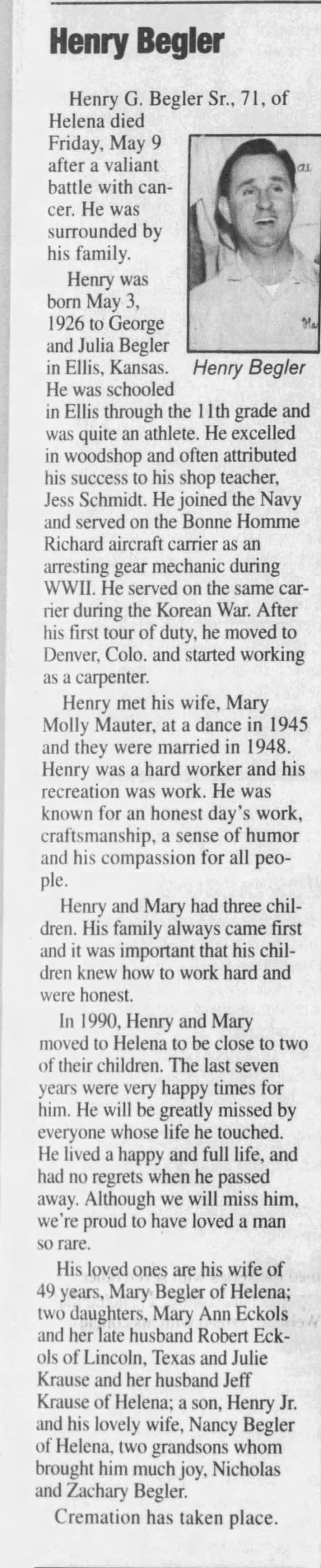 Obituary for Henry G. Begler (Aged 71)